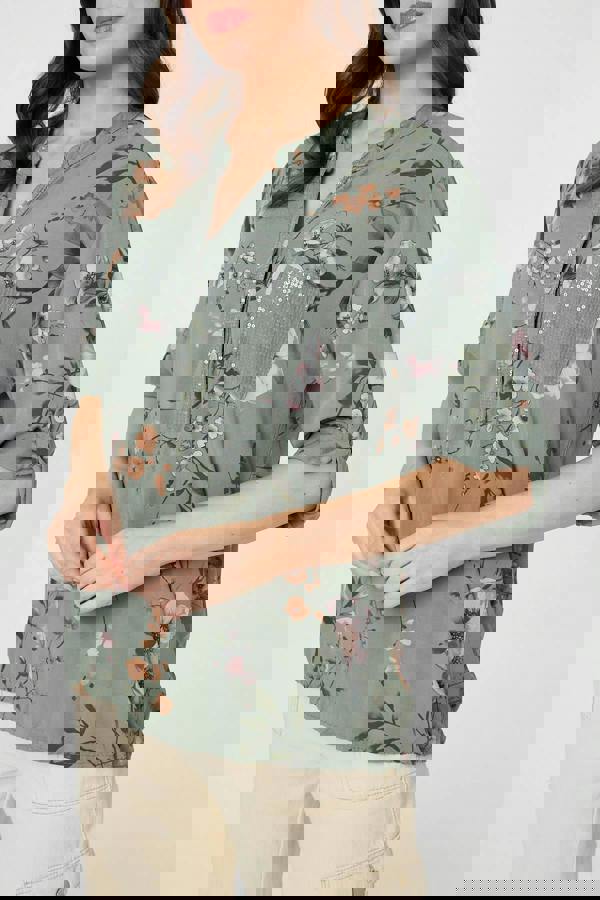 Khaki | Sequin Trim V-Neck Relaxed Blouse