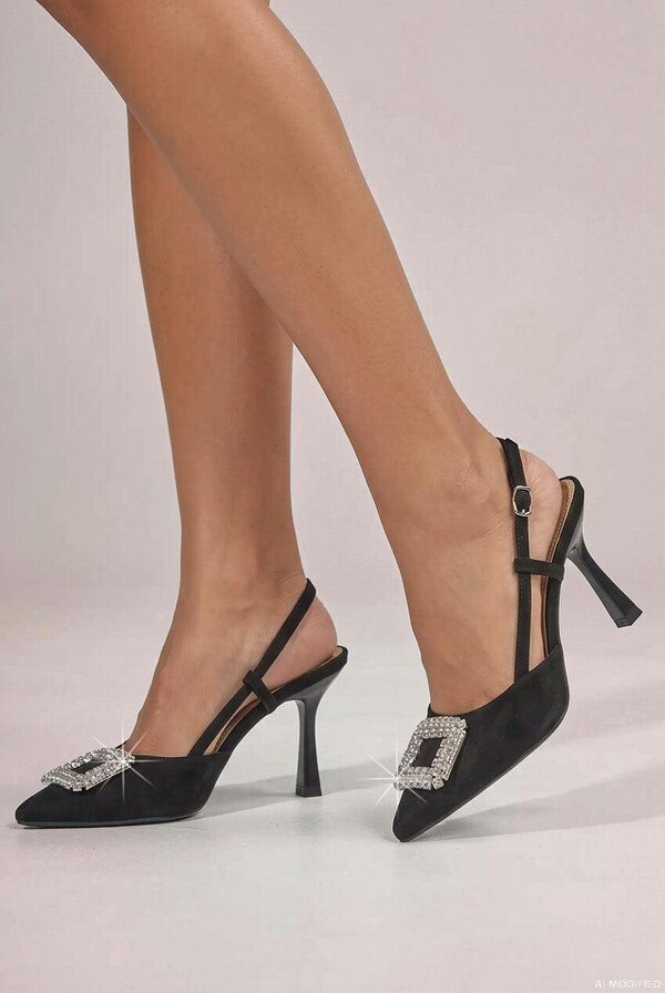 Goddiva Diamante Buckle Embellished Pointed Toe Sling Back High Heel - Black by Goddiva