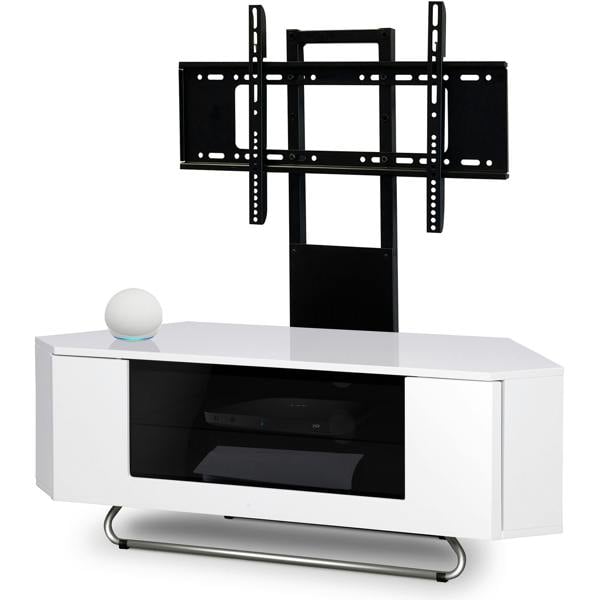Homeology Hampshire Corner-Friendly Gloss White with Contrast Beam-Thru Remote Friendly Door 26"-50" Flat Screen TV Cabinet with Mounting Arm