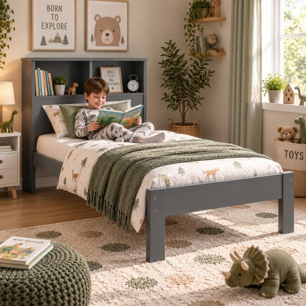 Maserri Easton Wooden Single Bed Frame with Shelf Headboard, White or Grey