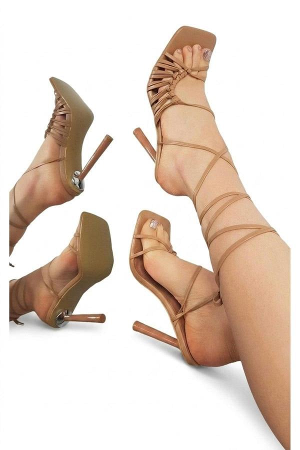 Kelly Faux Leather Lace Up High Heels - Mocha_wb