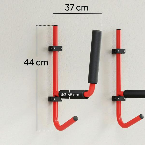 Red wall-mount kayak/canoe storage rack with black pads and curved hooks (size diagram)