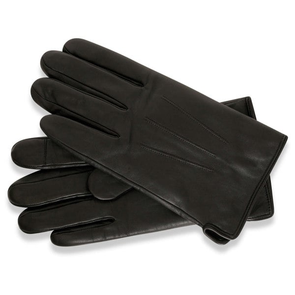 These gloves are black in colour with no print or logo displayed. The leather has a fine grain appearance. The index finger on each glove features a tab with touch screen capabilities.