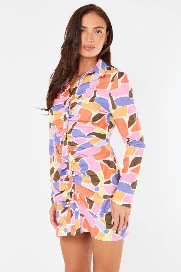 Multicolour Ruched Shirt Dress – Long Sleeve Button Front