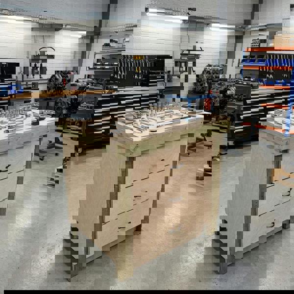 Wooden eucalyptus Top Workbench – Sturdy Tool Cabinet with Multiple Drawers for Organized Storage, Ideal for Dry Indoor Spaces Such as Garages, Workshops, and Studios