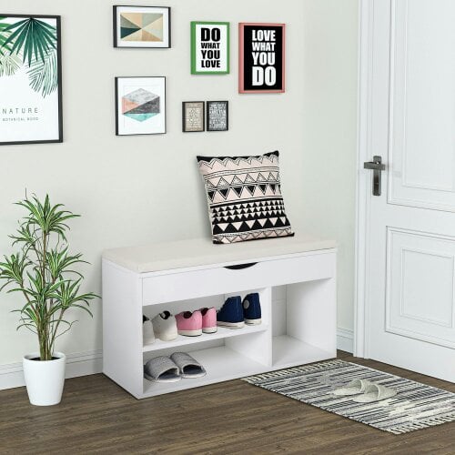 Wyld Haus Sokari Wooden White Shoe Storage Bench 1 Drawer And Padded Seat