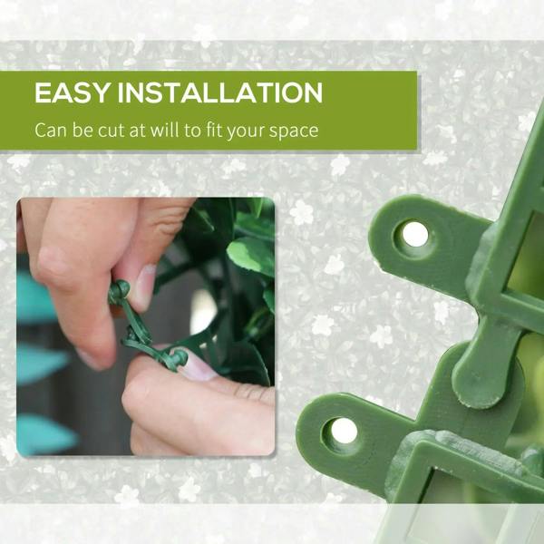 Green plastic mounting clips for easy installation of artificial hedge panels