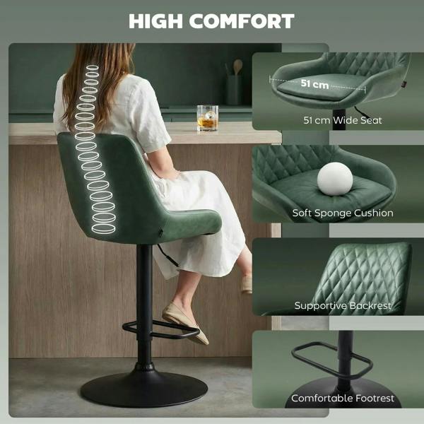 Green bar stool with supportive backrest and cushioned seat on black round base