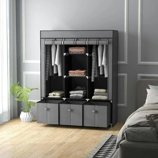 Dark grey portable wardrobe with hanging rail, open shelves, and three front drawers
