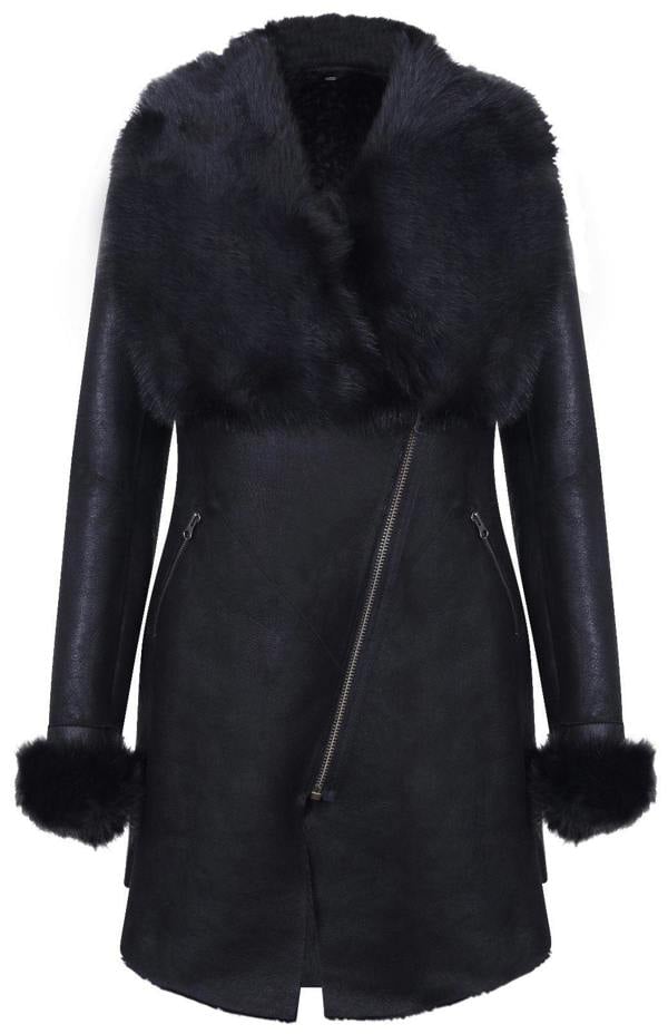 Infinity Leather Womens Black Merino Shearling Coat with Toscana Collar-Fortaleza
