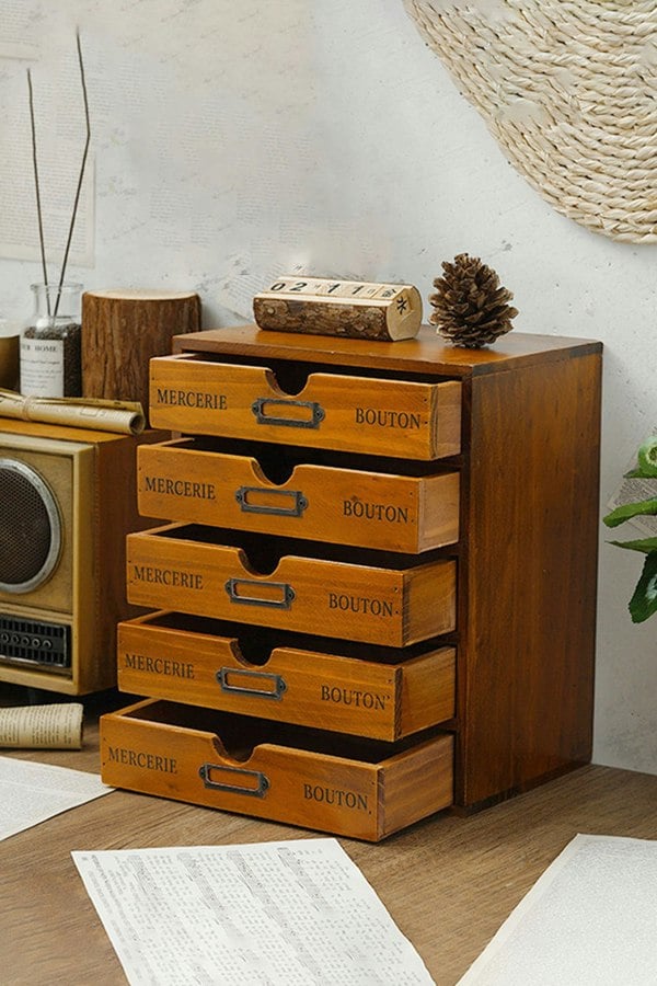 Living and Home Vintage Wooden Storage Box Brown Home Office Desk Organizer With 5 Drawers
