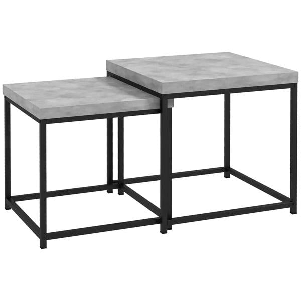Grey two-piece nesting coffee table set with square tops and black metal frame