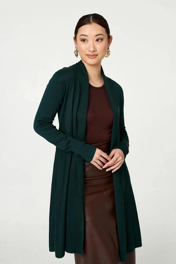 Green | Open Front Longline Relaxed Cardigan: Model is 5'9"/175 cm and wears UK8/EU36/US4/AUS8