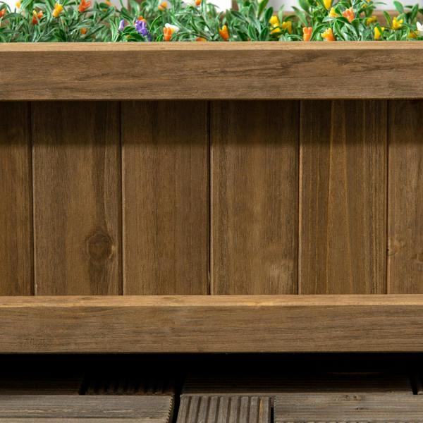 Brown wooden raised planter front panel with visible plank texture and base rail
