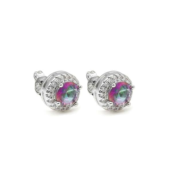 Say It With Emerald Green/Purple Round Stone Halo Earrings - Silver