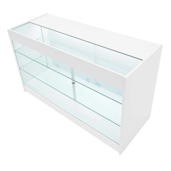 Hyperion LED shop counter set in white, featuring sleek glass shelves, modern design, and illuminated display for products