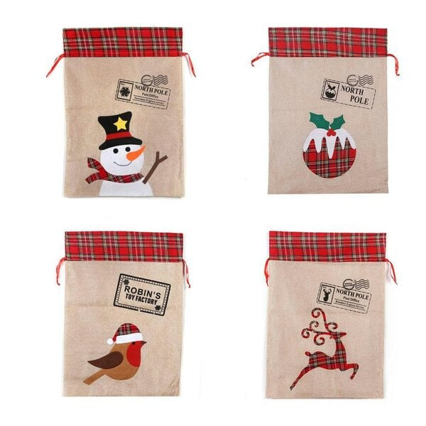 Shatchi 50cm Christmas Santa Sack Set of 4 with Snowman, Reindeer, Robin and Pudding Designs