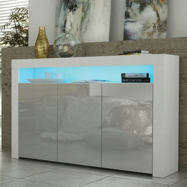 Mex Furniture 155cm Sideboard TV Stand Cupboard Cabinet – Grey High Gloss Doors with Free LED