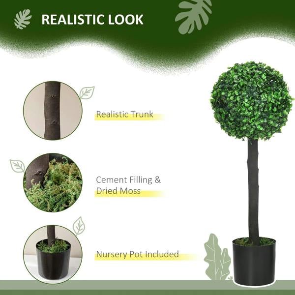 Artificial boxwood ball tree with realistic green leaves and dark faux trunk in pot