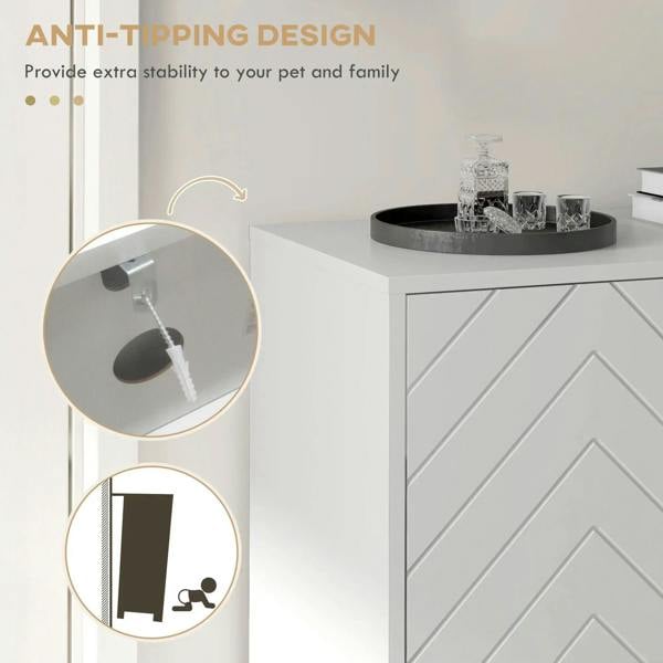 White shoe storage cabinet with anti-tipping support detail and chevron door front