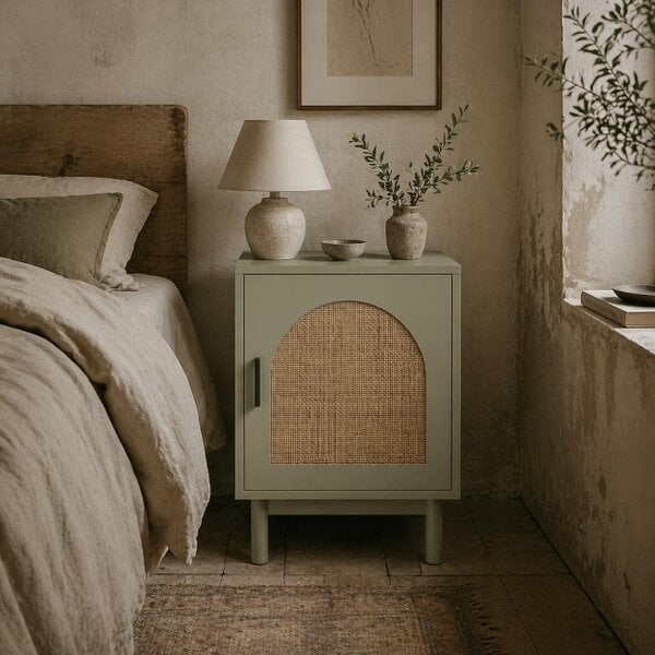 Wyld Haus Yotomo Sake Light Green Rattan Bedside Table With Natural Woven Detail