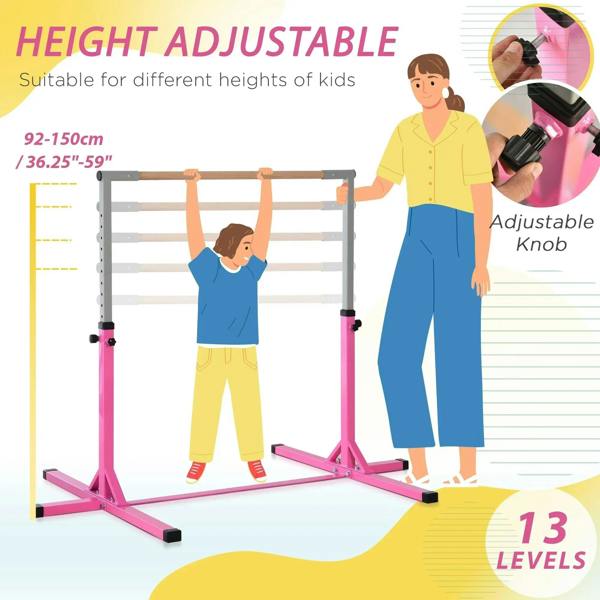 Pink kids gymnastics horizontal bar with adjustable height knob and wooden grip