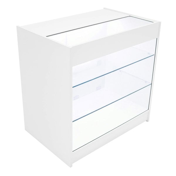 Sleek white Apollo LED shop counter set with glass shelves, featuring a minimalist design and illuminated top for product display