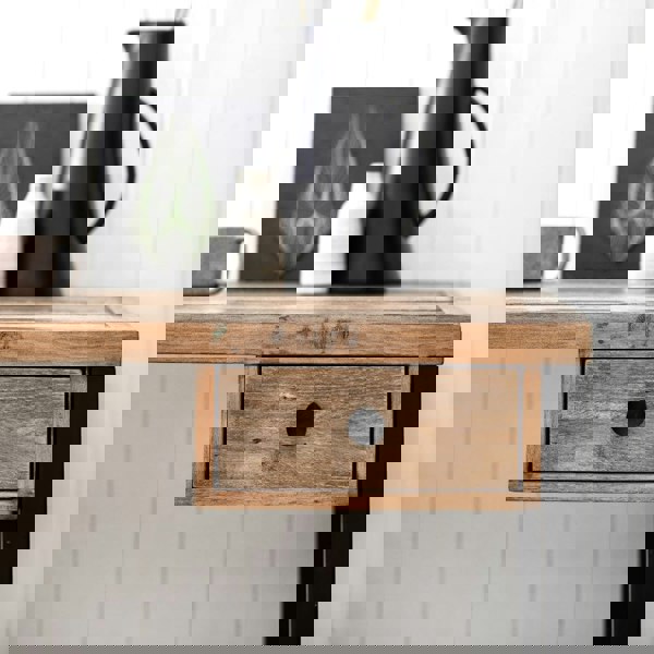 close up of a drawer of a reclaimed desk