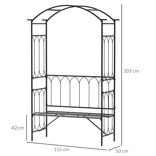 Wyld Haus Moretta Metal Black Garden Bench With Arched Trellis Frame For Climbing Plants 115 x 50 x 203 cm