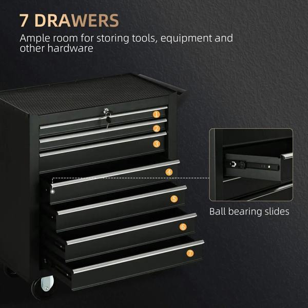 Matte black tool cabinet showing multiple drawers and smooth drawer slide rails