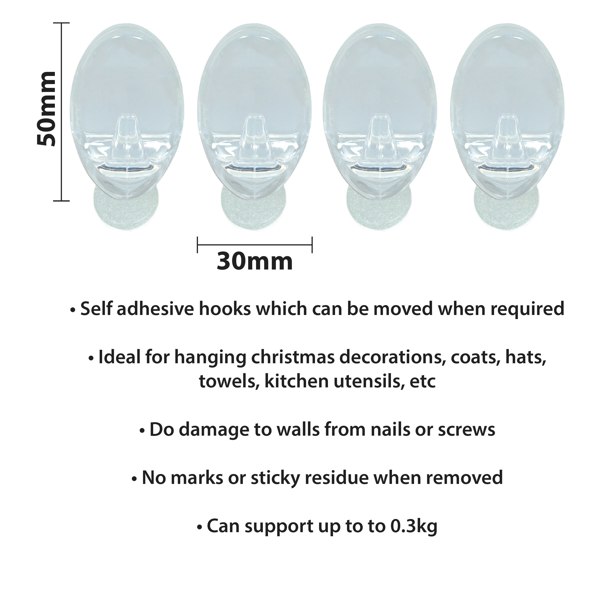 St Helens Self Adhesive Reusable Oval Shaped Plastic Hooks (Pack of 4)