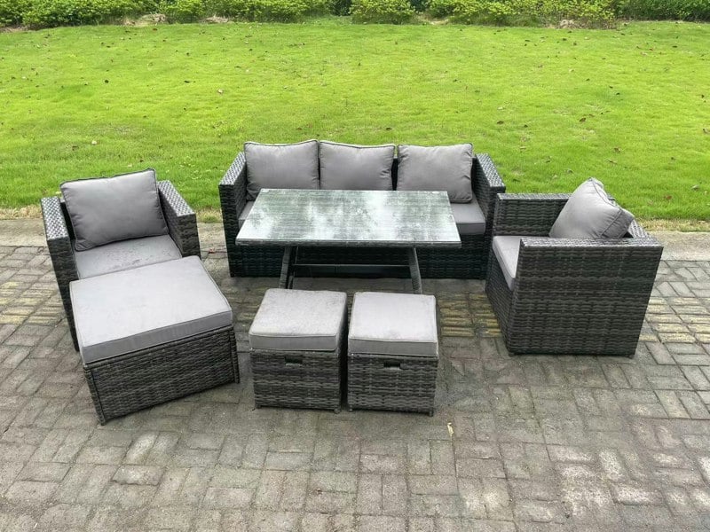 Fimous 8 Seater Rattan Outdoor Furniture Sofa Garden Dining Set with Dining Table 2 Armchairs 3 Stools Dark Grey Mixed