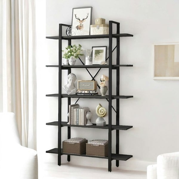 Rafaelo Mobilia Industrial 5 Tier Black Bookcase