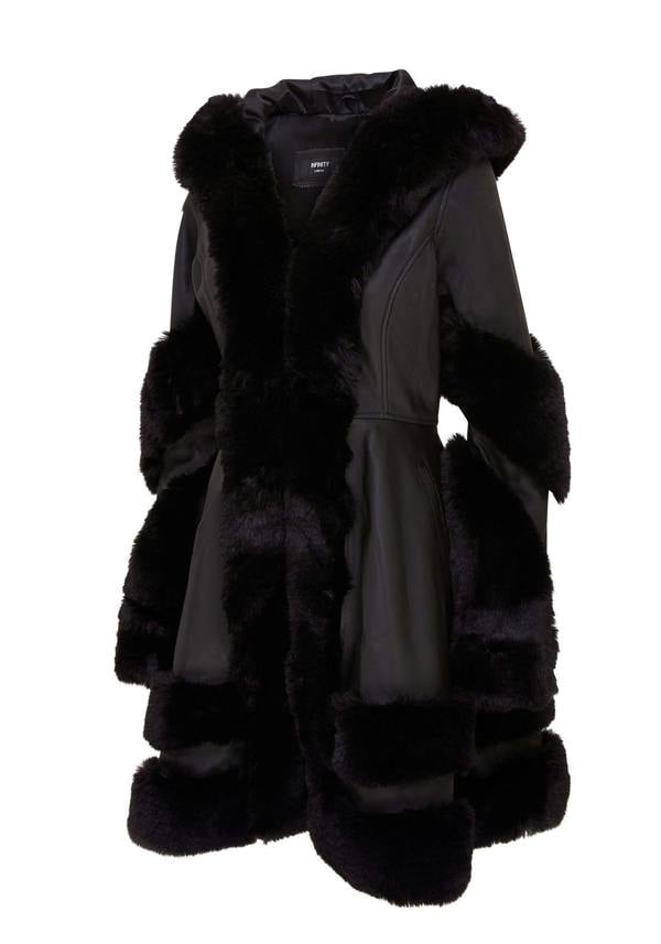 Infinity Leather Womens Flared Black Leather Hooded Cape Coat With Fur - Mandal