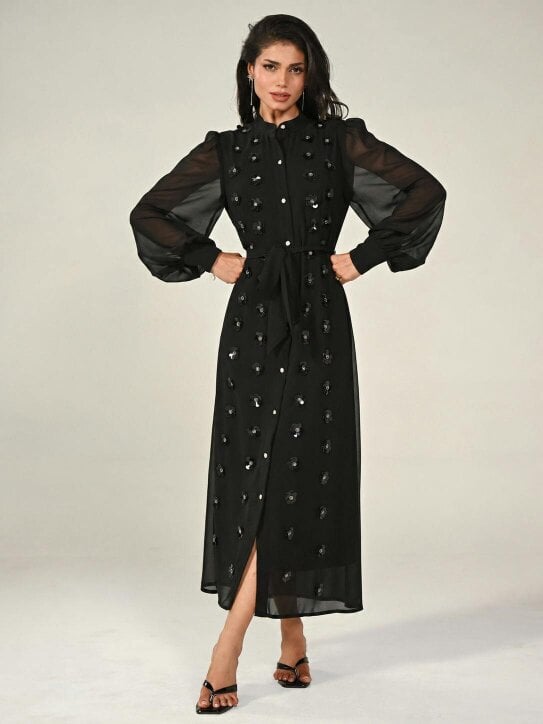 Rose & Nancy Morena Black Hand Embellished Midi Shirt Dress