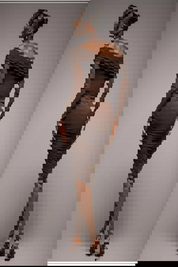 Side Gathered Asymmetric Midi Skirt - Brown SK63