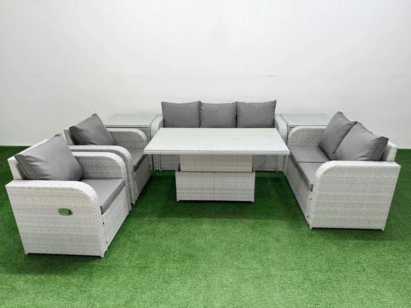 Fimous PE Rattan Outdoor Sofa Set, Garden Furniture, Adj Height Table, Reclining Sofa, Double Love Seat, 2 Seater Lounge and 2 Side Tables, Light Grey