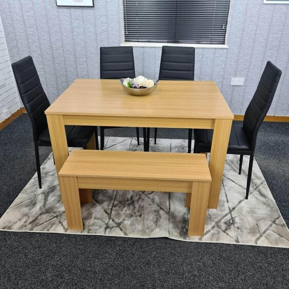 KOSY KOALA 6 Seater Modern Light Wood Effect Dining Table Set with 4 Chairs and Bench Black Metal Legs H75 x L140 x W80 cm