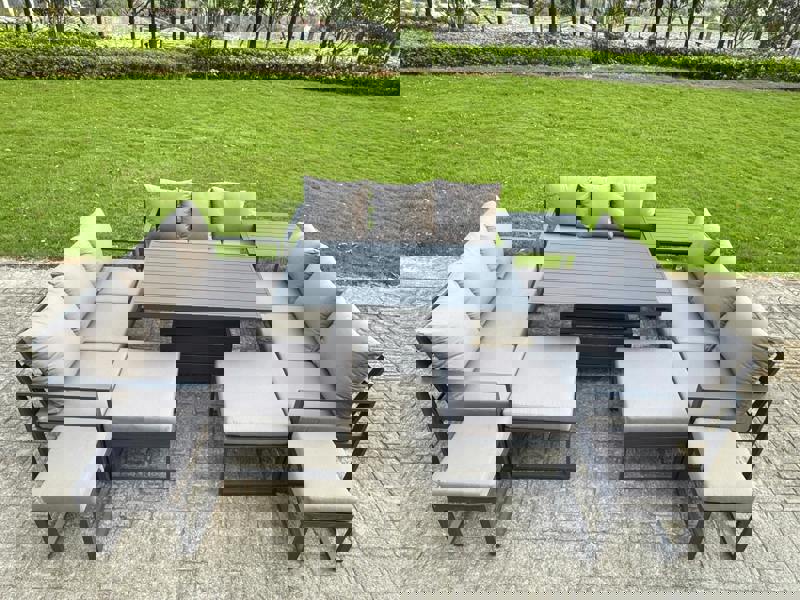 Fimous 13 Seater Aluminum Outdoor Garden Furniture Set with Adjustable Rising Dining Table, 4 Footstool & Side Table - Grey