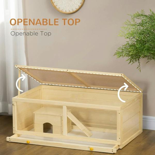 Natural wood hamster cage with openable top panel and built-in hut and ramp
