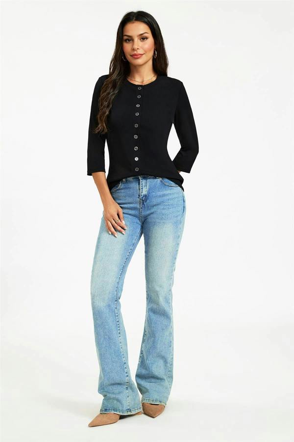 FS Collection Button Through 3/4 Sleeve Jersey Cardigan Top Black