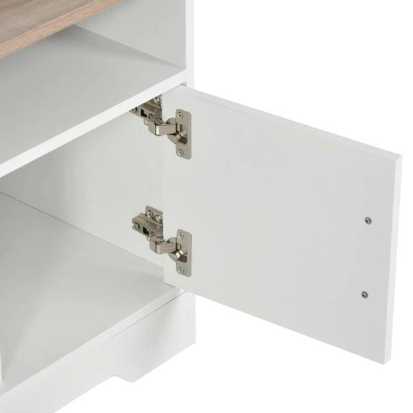 White TV stand cabinet interior with metal hinges on lift-up doors