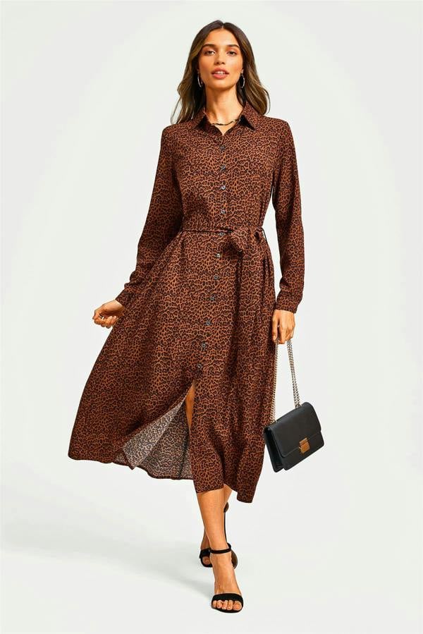 FS Collection Brown Leopard Print Shirt Midi Dress With Tie Waist + Gold Stretch Leaf Belt