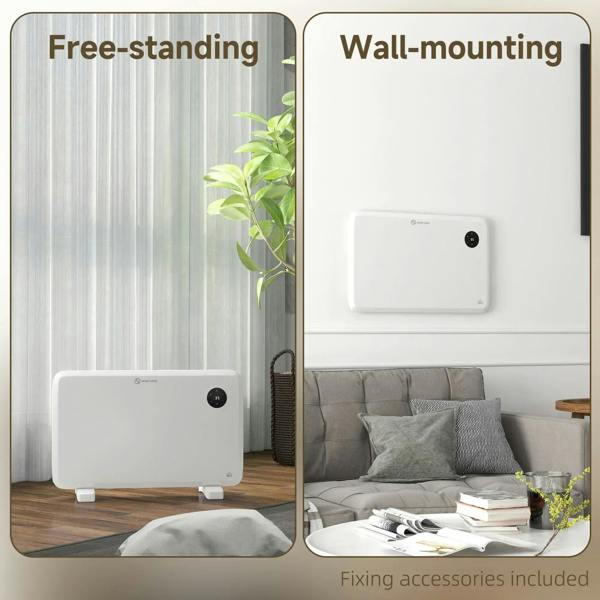 Electric convector heater shown as freestanding unit on feet and wall-mounted unit.