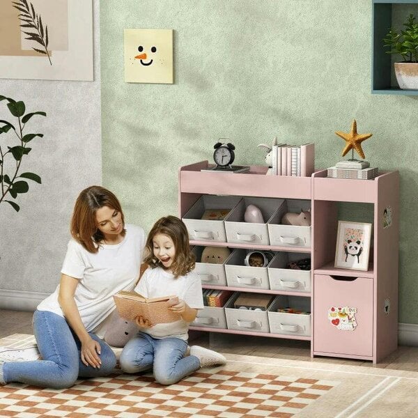 Bobobiy Kids Toy Storage, 9 Removable Fabric Bins, Wooden Toy Storage Units for Toys and Books for Bedroom, Nursery, Pink - Pink