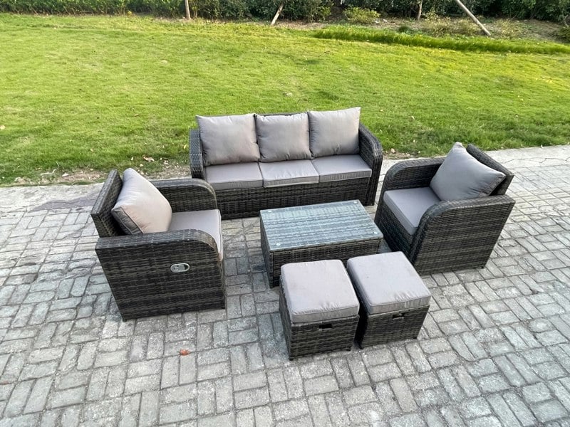 Fimous Outdoor Rattan Garden Furniture Set Patio Lounge Sofa Set with Reclining Chair Rectangular Coffee Table 2 Small Footstool Dark Grey Mixed