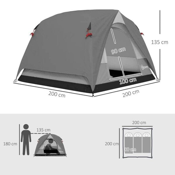 Camping Tent, Easy Set Up 2-3 Man Tent with Sewn-in Groundsheet, 3000 mm Dome Tent w/ Mesh Windows, Dark Grey