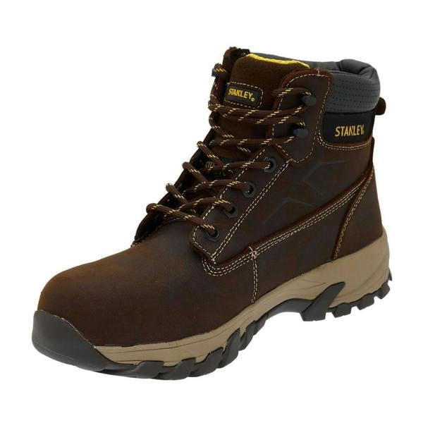 Stanley Tradesman Mens Steel Toe/Midsole Safety Work Boots, brown leather industrial footwear with durable construction, padded ankle support, and rugged outsole for safety and stability.