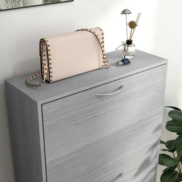 Grey wood-effect shoe cabinet with curved drawers and top surface for small items