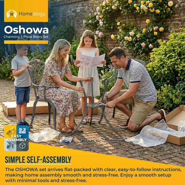 Homeology OSHOWA Grey Aluminium Weatherproof Outdoor Table and 2 Comfortable Chairs with Armrests Bistro Set